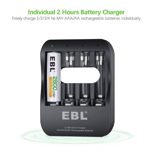 EBL - Professional Care and Low Self Discharge EBL, since 1998, professional on batteries and chargers more than 20 years. Professional and reliable on Rechargeable Batteries and Battery Chargers. EBL Smart 2 Hours Ni-MH Battery Charger with iQuick Tech 2A USB-Input for Rechargeable AA AAA Batteries Model EBL-6201 2 Hours Super iQuick AA AAA Ni-MH Rechargeable Battery Charger with 2 USB input - For AA AAA Ni-MH Rechargeable Battery Features of 2 Hours Super iQuick Battery Charger * Independent 4 Slot Channels Freely charge 1/2/3/4 pieces AA/AAA NI-MH Rechargeable batteries, support even and uneven. * Input and Output Input Voltage: DC 5V 2A (MAX) Output: DC 3V (NO-LOAD) AA： 3600mA AAA: 1800mA * Super Fast 2 Hours 2A Input Battery Charger - Saving your time, saving your batteries' life. Adopts DC 5V 2A USB Input with advanced iQuick technology, use as an Emergency Charger, only 2 Hours, bring your battery back to life. Super Charging time: 4×EBL AAA 800mAh -1.6 Hours 4×EBL AA 2300mAh -2.0 Hours 4× EBL AAA 1100mAh -2.5 Hours 4×EBL AA 2800mAh -3.5 Hours * Intelligent Auto-detection Incompatiable battery: LED shows RED flashing light, easily helps you detcted all the bad batteries. Green flashing: Charging status. Keep Green: Fully charged. * Convenient Charging ways Two way to use for charging: You can choose DC 5V 2A USB Input or DC 5V 2A Type C Input to connect the charger. More convenient for using and greatly improve the adaptability of the product. * Unique Trickle Charge Adopting -∆V intellectual cut-off charging method, automatically turn to trickle charge, overheat-detection to prevent over-charging, short circuit protection and reverse polarity protection. * Package 1×6201 iQuick Battery Charger 1× User Manual 1× Micro USB Port Specifications KEY FEATURES 2 Hours Quick Battery Charger - Advanced iQuick charging technology with DC 5V/2A USB input. Charge 4AAA 800mAh ebl cells in up to 1.6 hours; 4AA 2300mAh in up to 2 hours; 4AAA 1100mAh in up to 2.5 hours; 4AA 2800mAh in up to 3.5 hours; Saving time on charging. Individual AA AAA Battery Charger - With Independent charging channels, 4 slots, can charge 1/2/3/4 pieces Ni-MH AA AAA rechargeable batteries. Auto-detect Function: Bad and incompatible batteries all can be detected if LED keeps showing RED flashing light. Smart LED indicates the charging progress status, Green flashing - Charging status, Keep Green - Fully charged. USB or Type C Charging ways: You can adopt DV 5V 2A USB Input to connect the charger or DC 5V 2A Type C Input to connect the charger. Two way for your choice, greatly improving the adaptability of the product. Advanced MCU Control System: Uses the MCU control, -△V intelligent control fast charging mode, providing the constant current & constant voltage safety model. SPECIFICATIONS SKU: EB182EA0DJ060NAFAMZ Product Line: Siffres Model: EBL-6201 Weight (kg): 0.5